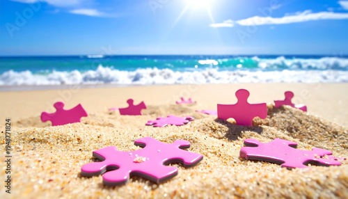 A serene beach scene with pink puzzle pieces