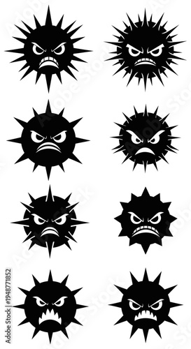 Angry Virus Icons Set, Black Cartoon Bacteria Character with Spikes and Fierce Face