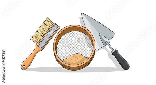 Archaeological Tools: Trowel, Brush, and Sieve with Sand - Illustration