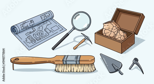 Archaeology Tools and Blueprint: Digging, Discovery, Excavation, Research, History