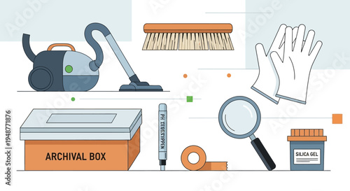 Archival Box, Vacuum, Gloves, Magnifying Glass, Brush, Tape: Archiving and Cleaning Supplies