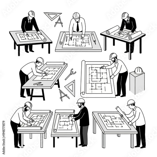 Architects and Engineers Reviewing Blueprints and Plans at Desks