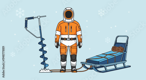 Arctic explorer gear: astronaut suit, ice auger, and sled for winter expedition