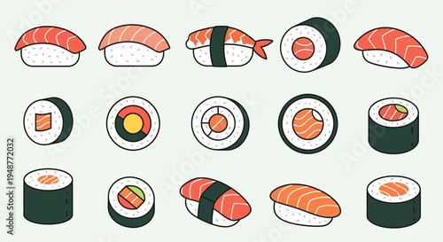 Assortment of Delicious Sushi and Rolls, Japanese Cuisine, Flat Design