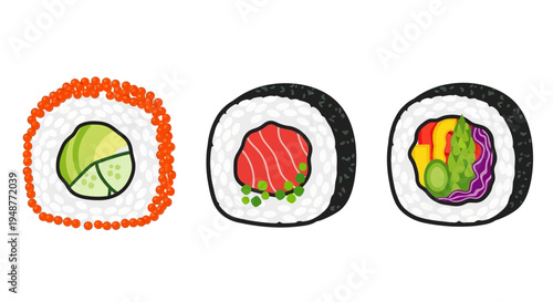 Assortment of Delicious Sushi Rolls: Avocado, Tuna, and Vegetable