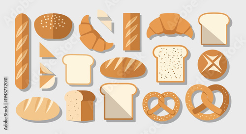 Assortment of Fresh Baked Bread and Pastries, Flat Design, Top View