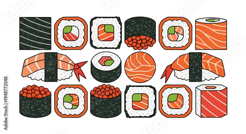 Assortment of Delicious Sushi Rolls and Nigiri with Salmon and Caviar