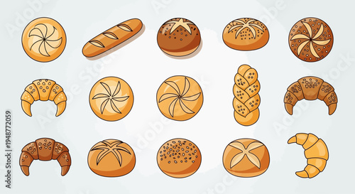 Assortment of Freshly Baked Bread and Pastries on a White Background