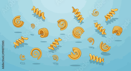 Assortment of Spiral and Swirl Pasta Shapes on a Blue Background