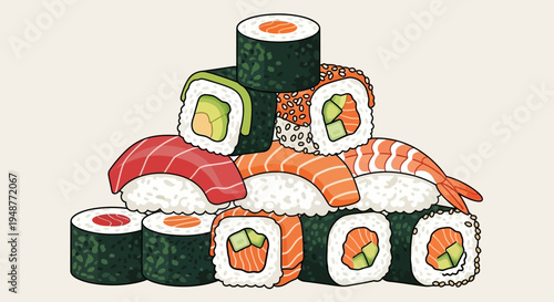 Assortment of Fresh Sushi Rolls and Nigiri Stacked Artfully