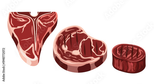 Assortment of Raw Steaks: T-bone, Ribeye, and Filet Mignon, Isolated on White