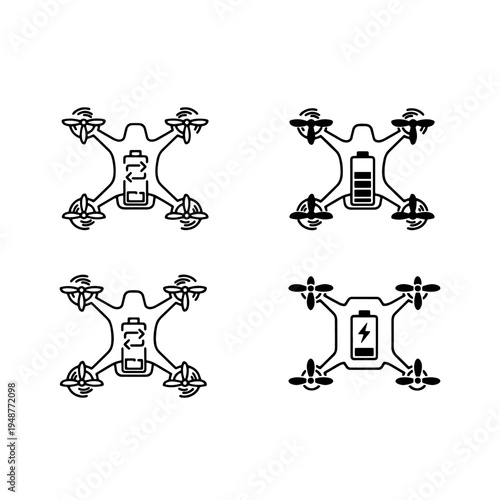 Set of four drone icons with battery level indicators in a clean, modern, vector art style for technology and aerial photography concepts