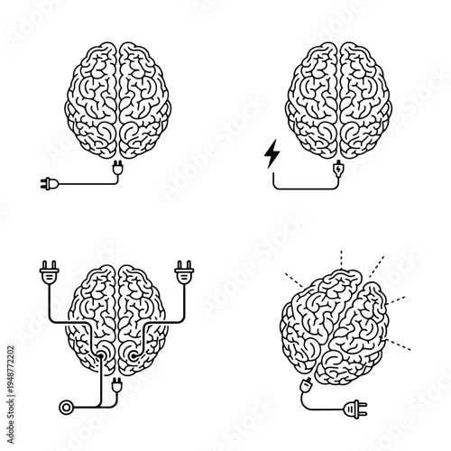 Conceptual illustrations of human brains connected with electric plugs and wires, symbolizing ideas, thought processing, innovation, and mental energy