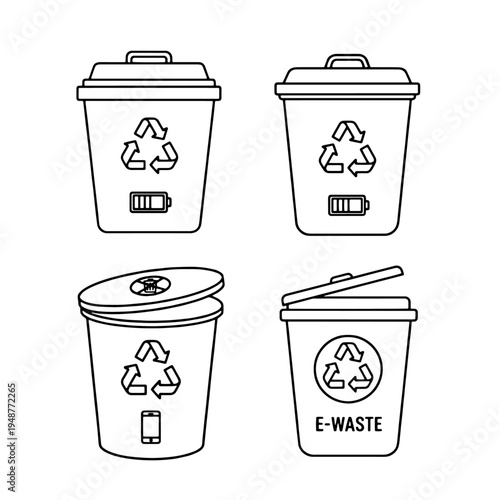 Set of four digital waste and recycling bins with icons and indicators