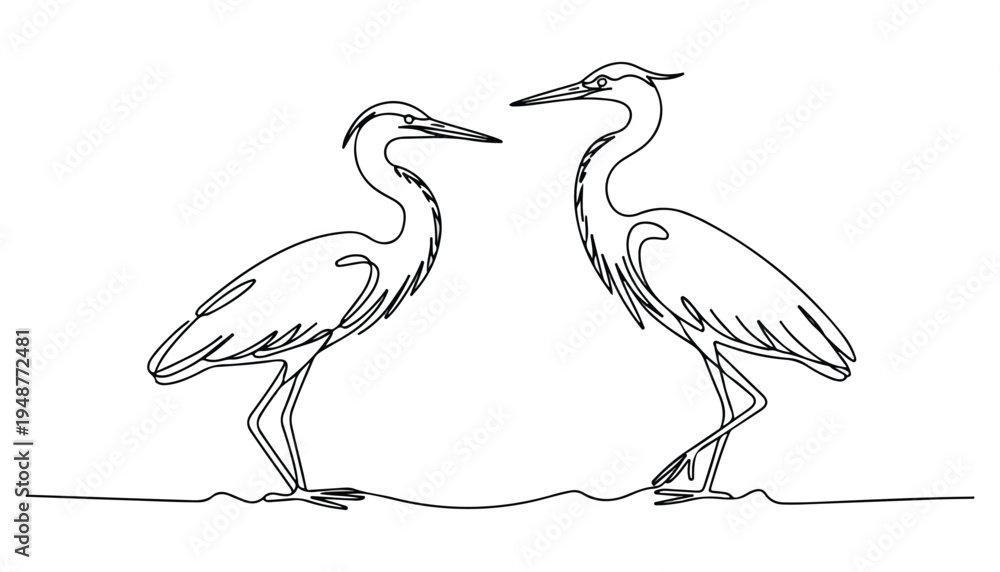 Fototapeta premium One continuous line illustration of an Herons bird , isolated on white background.