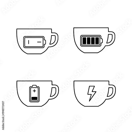 Creative Icons Representing Coffee Cups with Battery and Lightning Bolt Symbols for Energy and Power