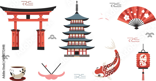 Japanese cultural landmarks and traditional symbols vector set featuring torii gate pagoda koi fish lantern fan and tea cup illustration