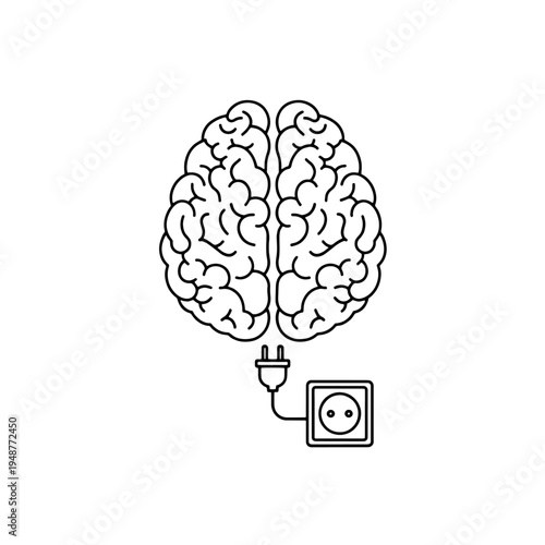 Conceptual Line Art Illustrating a Human Brain Plugged into an Electrical Socket, Symbolizing Mental Power, Innovative Ideas, and Cognitive Energy