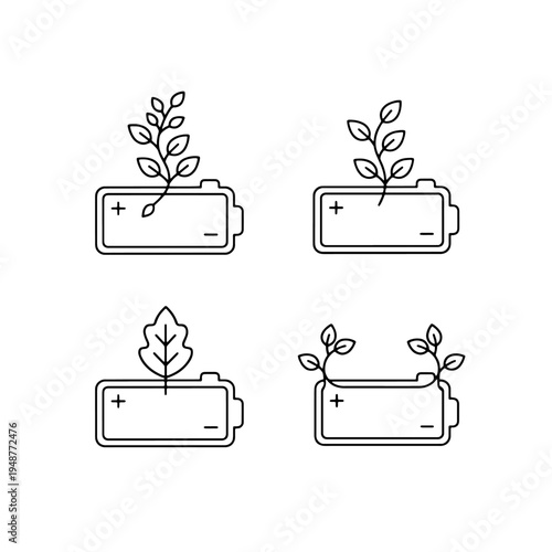 Set of four clean line art icons representing a battery with a plant growing out of it, symbolizing green energy