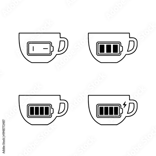 Conceptual vector icons of coffee cups with battery charge levels, symbolizing energy boost, morning replenishment, and daily vitality for a powered start