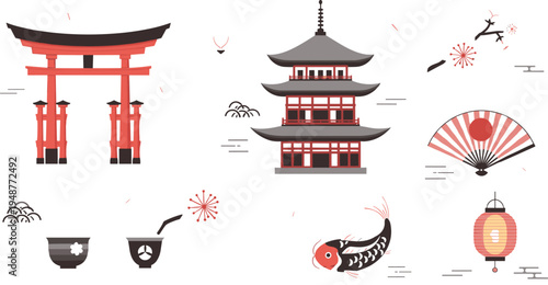 Japanese traditional culture symbols vector set featuring torii gate pagoda koi fish lantern fan and tea elements illustration