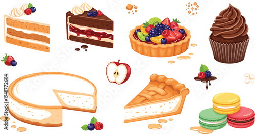 Delicious dessert vector set featuring cake slices fruit tart cupcake cheesecake macarons and sweet bakery treats illustration