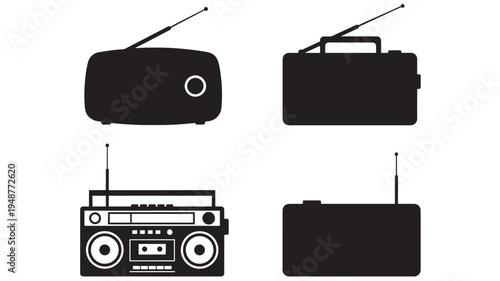 Radios retro and boombox icons with antennas, black silhouette on white background. featuring radio, vintage, music with sound and broadcast elements