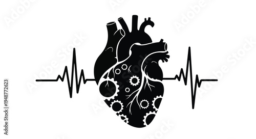 Human heart shape intricately designed with internal gears and cogs, flanked by a dynamic electrocardiogram rhythm line, symbolizing health, technology, and complex biological systems on a clean.
