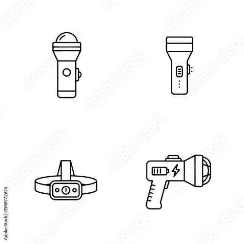 Portable lighting linear icons. Diverse flashlights, headlamps, and spotlights for outdoor adventures, safety, and emergency preparedness