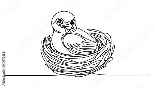 One continuous line illustration of an baby bird with nest , isolated on white background.