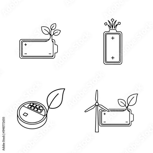 Eco-friendly battery icons with renewable energy sources and growing plants, representing sustainable power and green technology