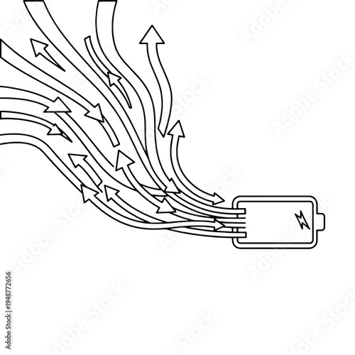 Energy flow from a battery illustrated with arrows indicating discharge or output