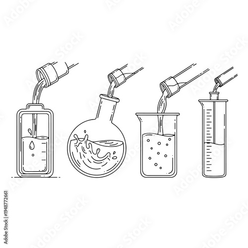 Detailed line art illustrations showcasing scientific laboratory glassware, with liquids being carefully poured for chemical experiments and educational purposes
