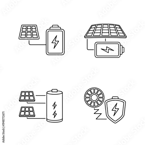 Vector Icons Depicting Renewable Solar Energy Generation, Battery Storage, and Power System Protection Assets