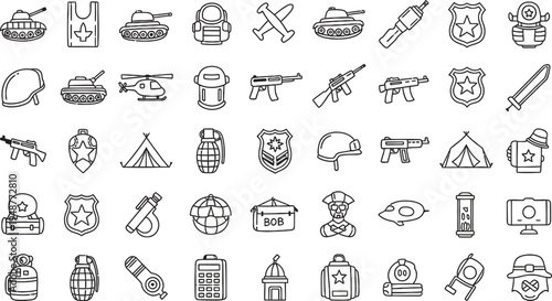 Military warfare icons set with armored tanks weapons and protection gear