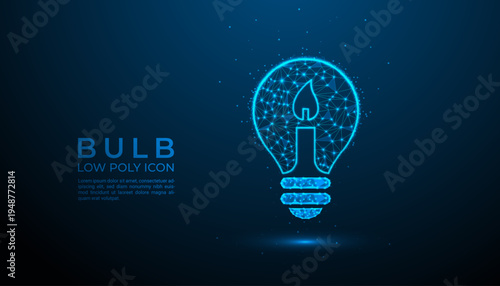 Futuristic glowing low poly light bulb illustration made of blue digital polygons and particle connections on a dark background, symbolizing innovation, creativity, and modern technology concepts.