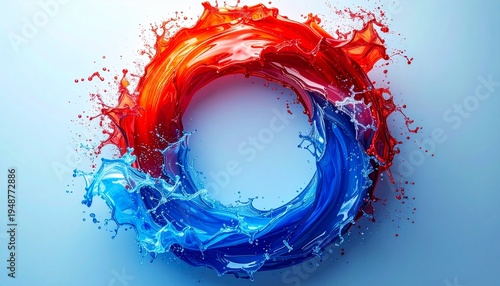 Abstract circular splash. Red fire element meets blue water element creating dynamic fluid vortex. Represents balance contrast harmony, opposing forces merging. Use for concept art. motion