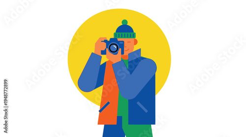 Modern Flat Vector Illustration of a Photographer Holding Camera for Web Landing Page