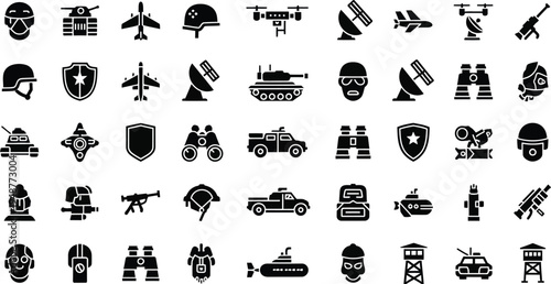 Military equipment and army soldier silhouette icon set for tactical design
