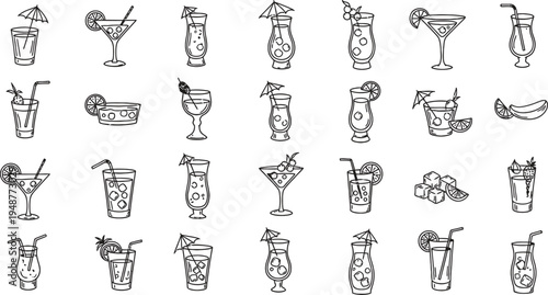 Cocktail and tropical drink hand drawn line icons for summer party menu art