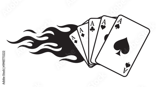 Four Aces playing cards with dynamic flames in a black and white graphic style, representing luck and high stakes.