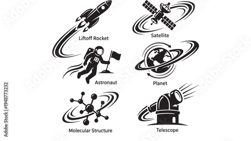 Space exploration icons featuring a rocket, astronaut, satellite, planet, molecular structure, and telescope, rendered in black and white.