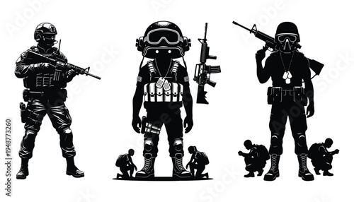 Battlefield Medic Silhouette: Military Soldiers Assisting Wounded in Combat