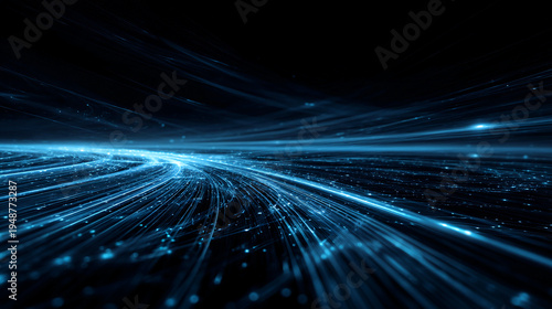 Vibrant blue light trails speeding through dark space