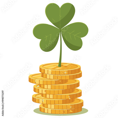 A cheerful illustration of a shamrock growing from a stack of gold coins.  'Shamrock Coin Lucky Grow' text adds a festive touch. Bright, playful, and commercially appealing.