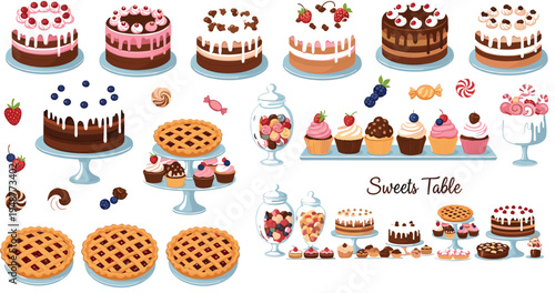 Sweet dessert table vector collection featuring cakes cupcakes pies candy jars and bakery treats for party celebration illustration