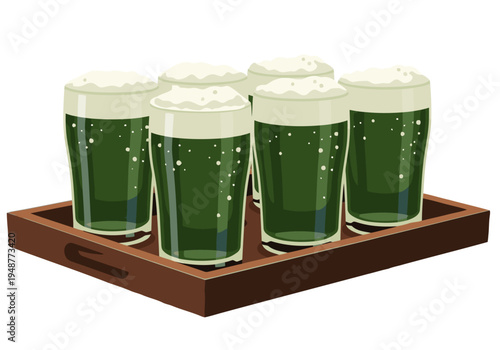 Six frosty pints of beer sit on a wooden tray, perfect for a pub or casual gathering. A refreshing and inviting scene.