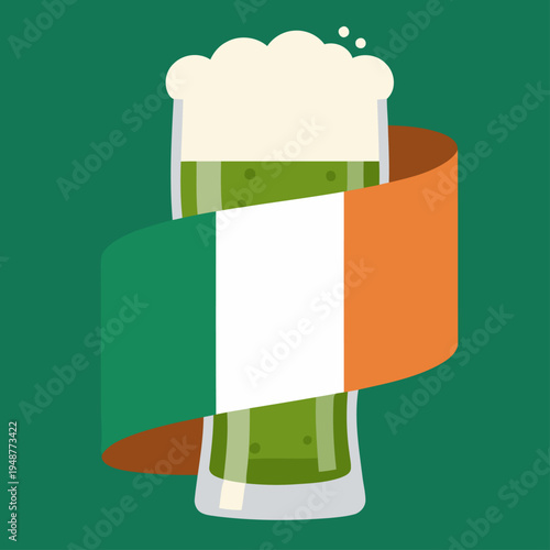 A refreshing glass of beer wrapped in an Irish flag, celebrating St. Patrick's Day. Vibrant colors and a modern design create a festive and appealing image.
