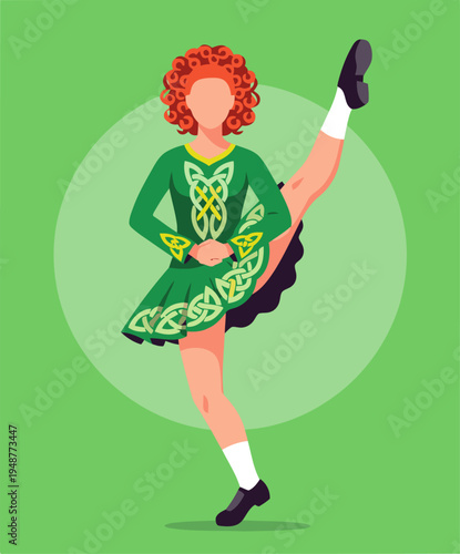 vibrant   Irish dancer in traditional attire performing a step dance Bold green background highlights the dancer's dynamic pose and intricate costume Perfect for cultural or festive themes