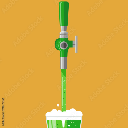 A vibrant green beer tap pours fresh beer into a glass. Clean, modern design with a bright background. Perfect for beverage, pub, or refreshment advertising.
